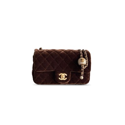 CHANEL MINI FLAP BAG VELVET, DIAMANT & GOLD-TONE METAL COFFEE BROWN AS1787 (20*13*7cm)
